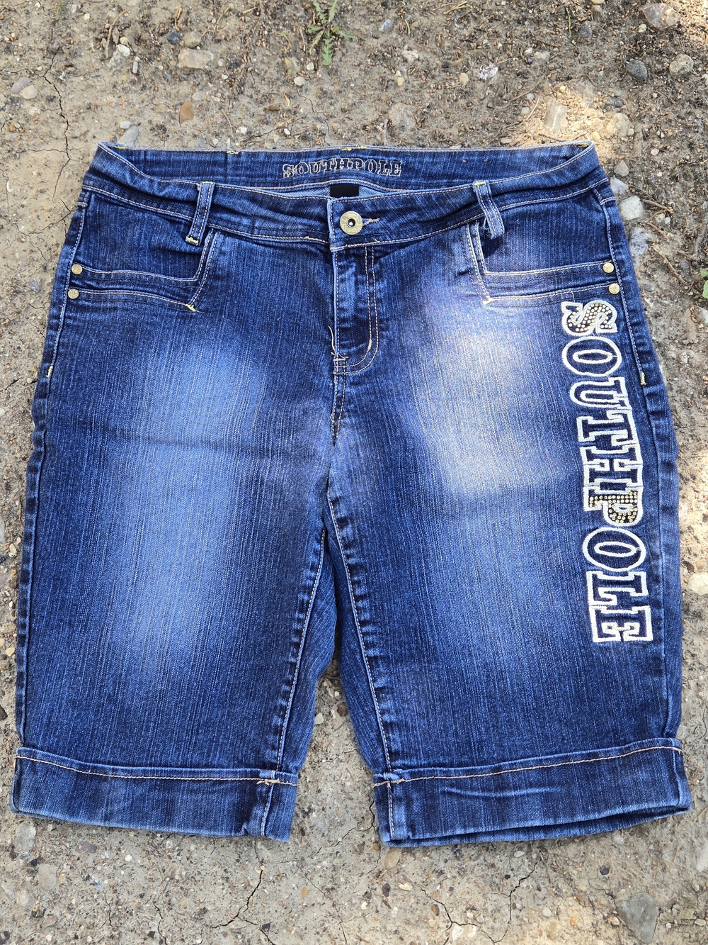 Vtg South Pole Bling Women's Denim Bermuda Shorts Dark Blue Size 16